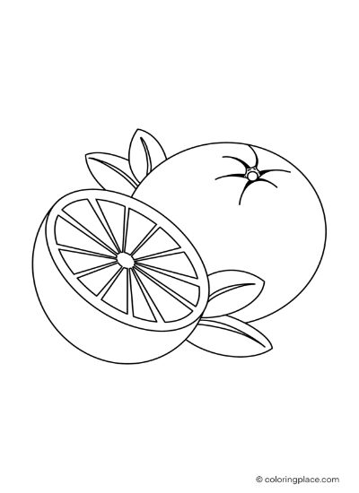 One orange and a sliced orang as a coloring page
