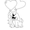 Malvorlage eines kleinen Hundes der zwei herzförmige Luftballons festhält