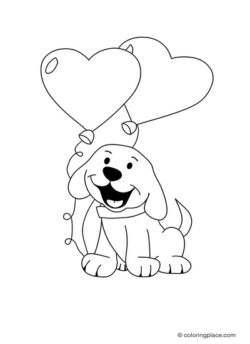 Coloring page of a dog holding two heart-shaped balloons
