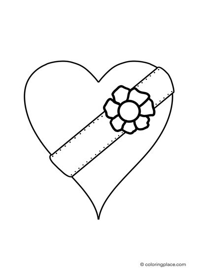 coloring page of a heart with a flower-ribbon