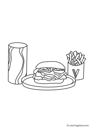 drawing of a cheeseburger, soft drink and French fries