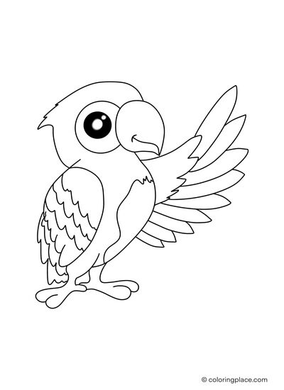 cute coloring page of a parrot waving with his wing