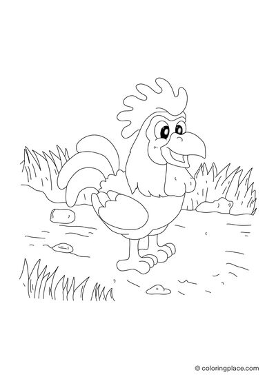 coloring page of a rooster that is standing on a farm