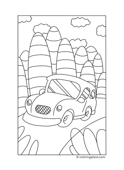 Car on country road coloring page