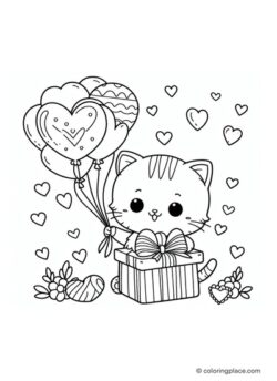 Valentine’s Day kitten coloring page